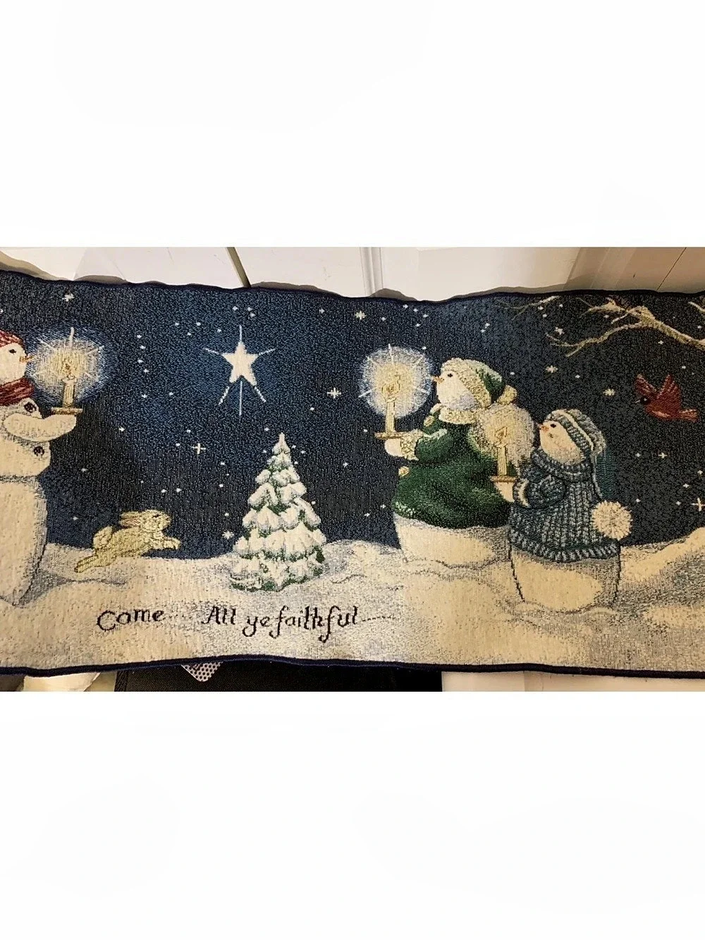 VTG Tapestry Christmas Table Runner Come All Ye Faithful Sandi Gore Evans Snow